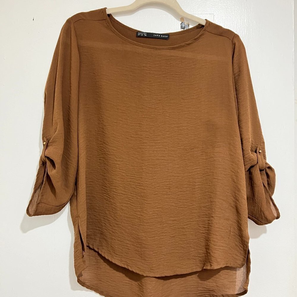 Zara Basic Brown Blouse with Sleeve Buttons - Effortless Elegance 🤎✨